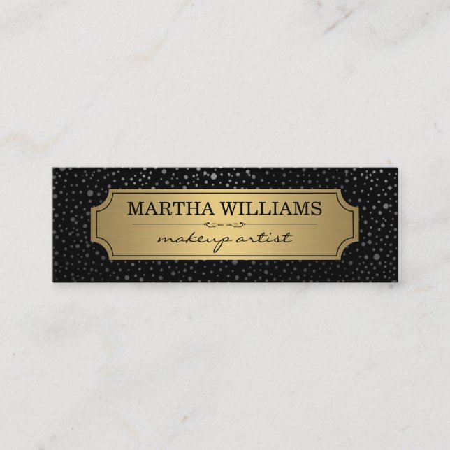 Gold Frame with Metallic Dots Pattern Black Mini Business Card (Front)