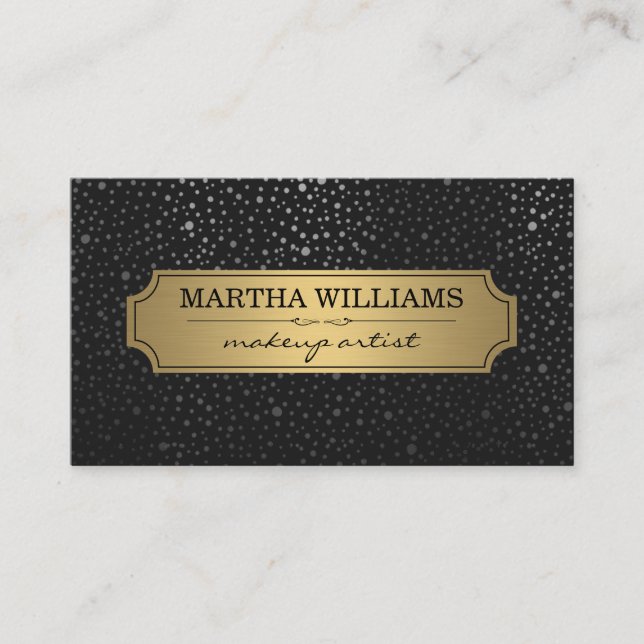 Gold Frame with Metallic Dots Pattern Grey Business Card (Front)