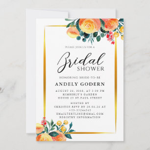 Gold Frame with Orange Floral Modern Bridal Shower Invitation