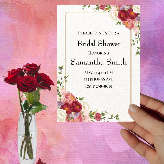 Gold Frame with Pretty Flowers Bridal Shower Invitation (Creator Uploaded)