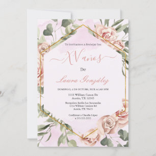 Gold frame with roses Quinceanera spanish Invitation