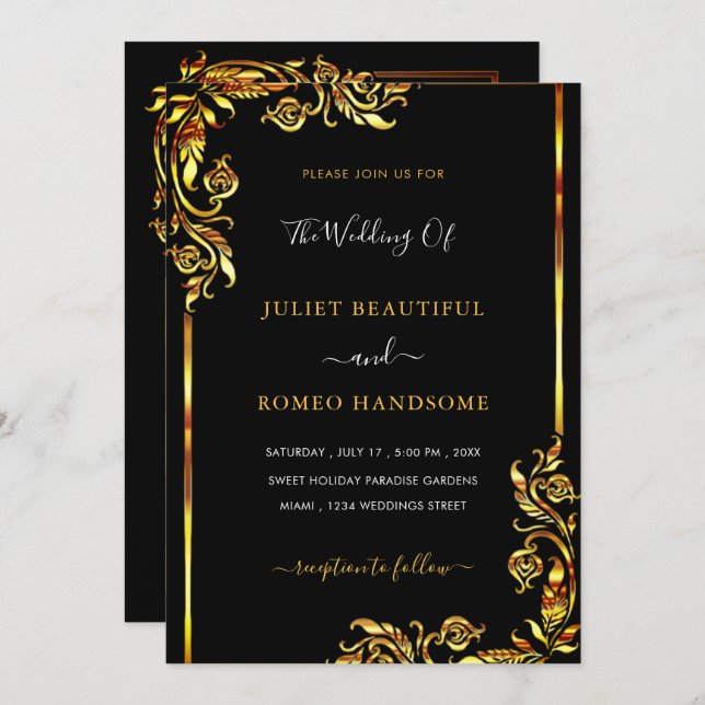 Gold Framed Black Wedding Invitation Template (Front/Back)