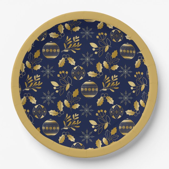 Gold Framed Blue Gold Holiday Pattern Paper Plate (Front)