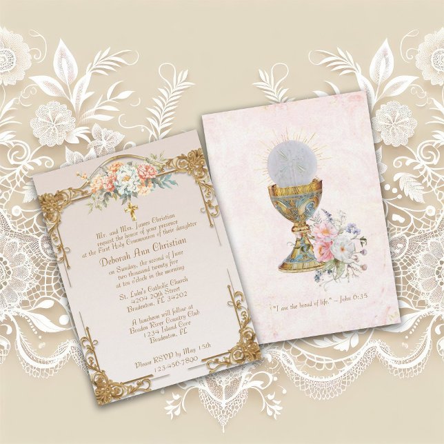 Gold framed Cross floral Holy Communion Invitation (Creator Uploaded)