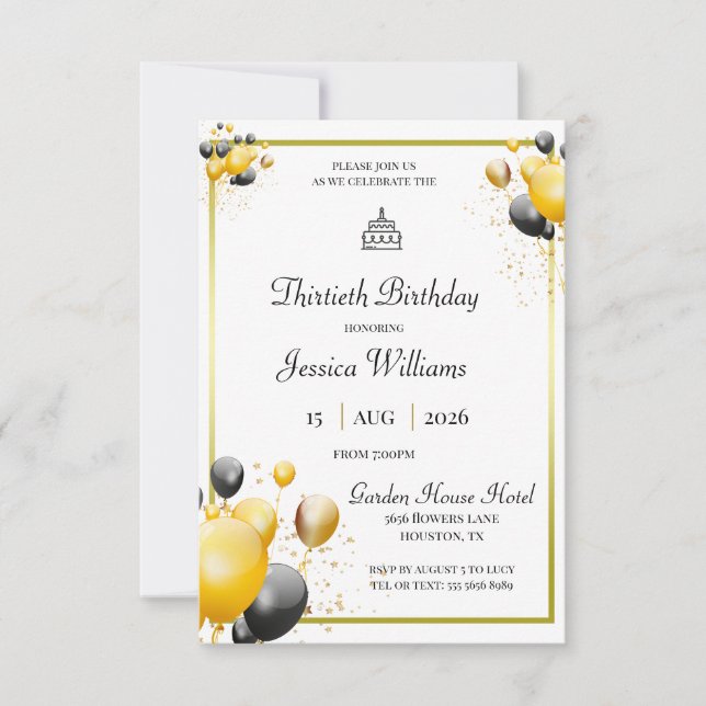 Gold Framed, Decorative Balloons Birthday Invitation (Front)
