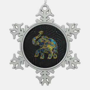 Gold Framed Elephant on Colourful Abalone decor Snowflake Pewter Christmas Ornament