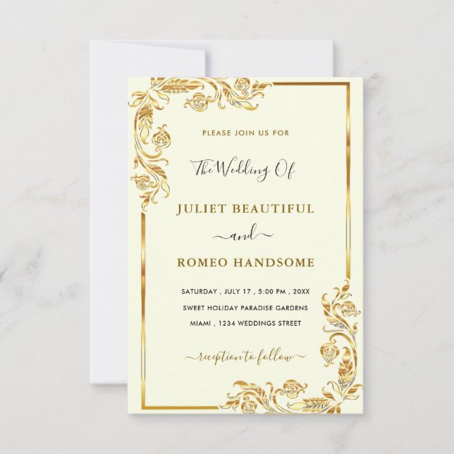 Gold Framed Golden Leaves Wedding Invitation (Front)