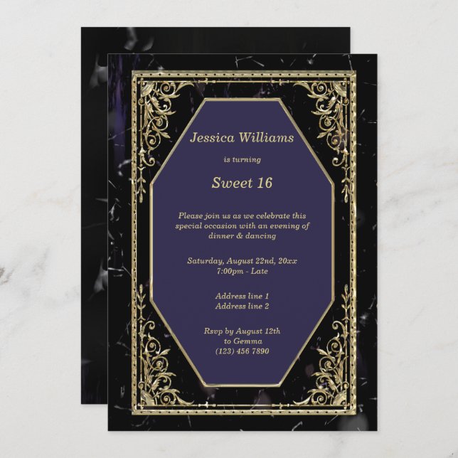 Gold Framed Marble Goth Birthday Party Invitation (Front/Back)