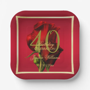 Gold Framed Romantic Red Rose Birthday Paper Plate