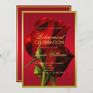 Gold Framed Romantic Red Rose Retirement Invitation