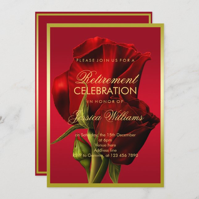 Gold Framed Romantic Red Rose Retirement Invitation (Front/Back)