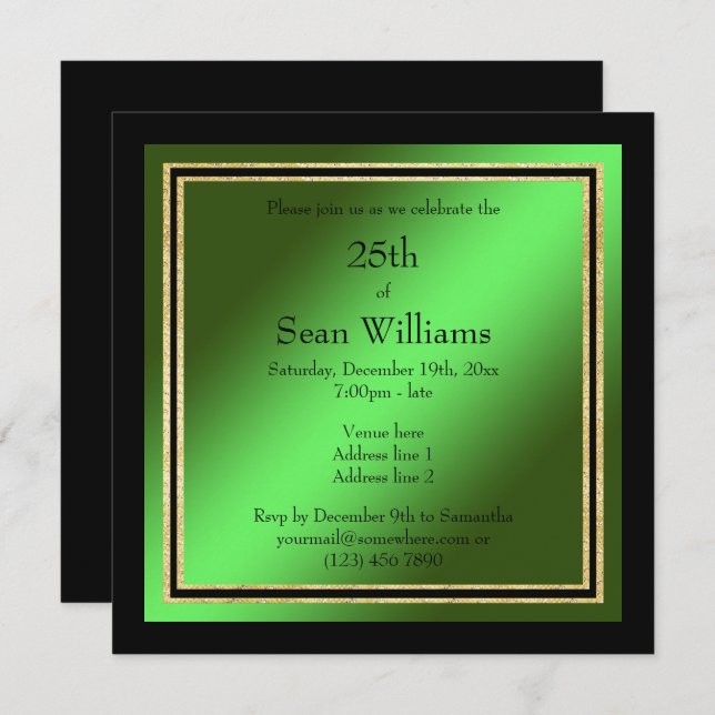 Gold Frames Green & Black Man's Birthday Invitation (Front/Back)