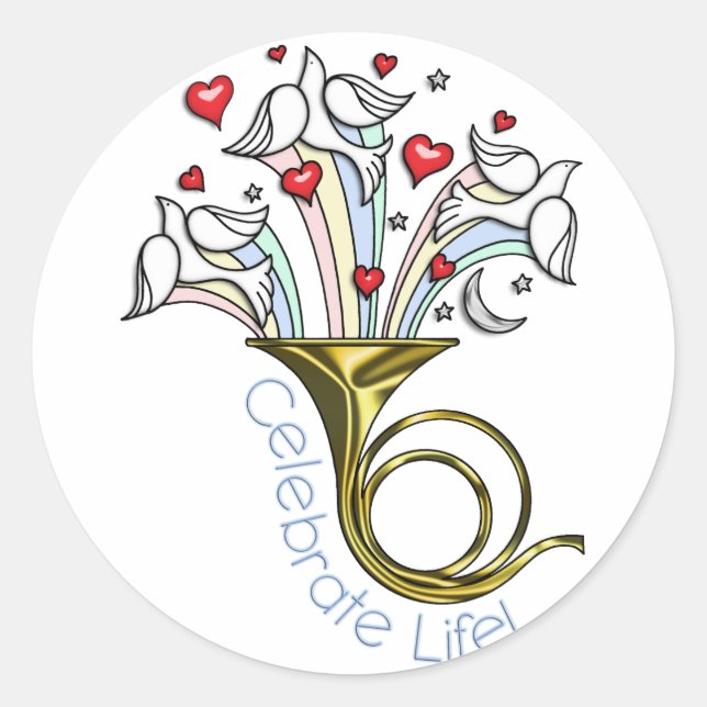 Gold French Horn, Doves, Hearts, Celebrate Life Classic Round Sticker (Front)