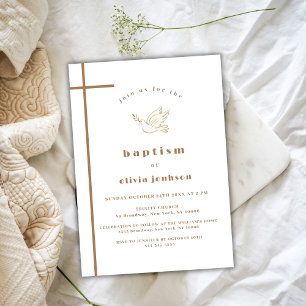 Gold French Modern Bird Cross Christening Baptism Invitation
