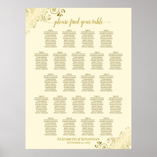 Gold Frills 22 Table Wedding Seating Chart Cream (Front)