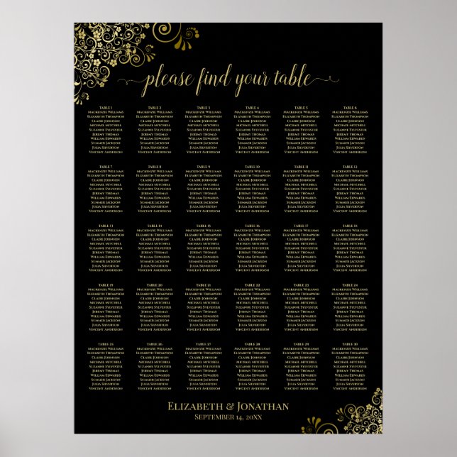 Gold Frills 30 Table Wedding Seating Chart Black (Front)