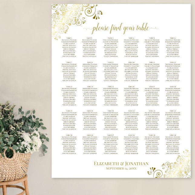 Gold Frills 30 Table Wedding Seating Chart White (In Situ on Wall)