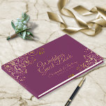 Gold Frills and Cassis Purple Elegant Wedding Guest Book<br><div class="desc">This elegant guest book will serve as a special memento of your wedding day. It features a magenta or cassis purple background with frilly and ornate faux foil gold filigree and chic script lettering.</div>