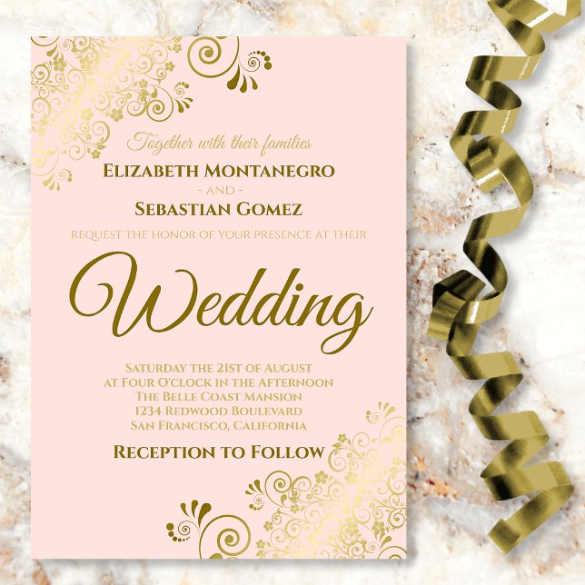 Gold Frills Blush Pink Chic Wedding Invitation (Creator Uploaded)