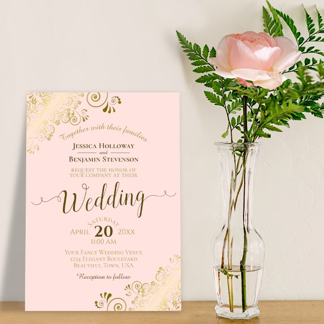 Gold Frills Blush Pink Elegant Calligraphy Wedding Invitation (Creator Uploaded)