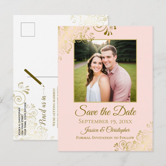 Gold Frills Blush Pink Wedding Save the Date Photo Announcement Postcard (Front/Back)