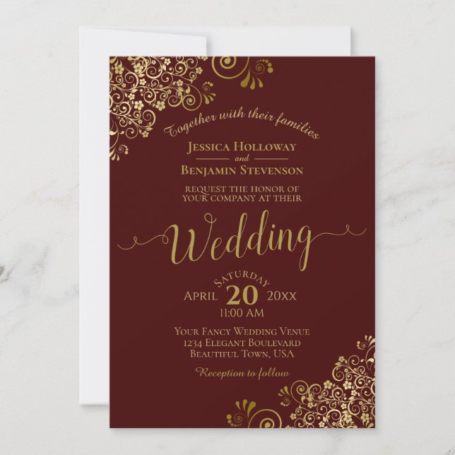 Gold Frills Elegant Auburn Brown Wedding Invitation (Front)