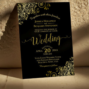 Gold Frills Elegant Black Wedding Invitation