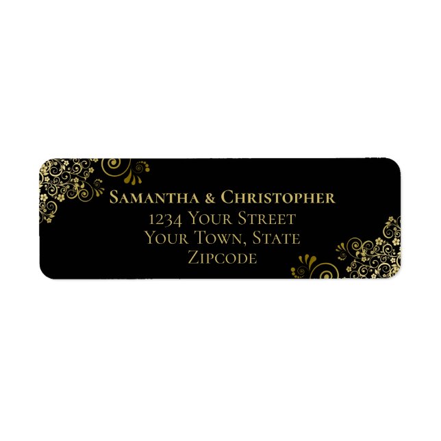 Gold Frills Elegant Black Wedding Return Address (Front)