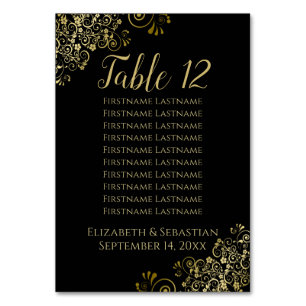 Gold Frills Elegant Black Wedding Seating Chart Table Number
