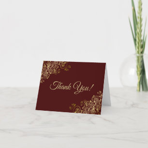 Gold Frills Elegant Burgundy Brown Wedding Photo Thank You Card