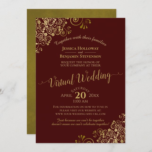 Gold Frills Elegant Burgundy Virtual Wedding Invitation (Front/Back)