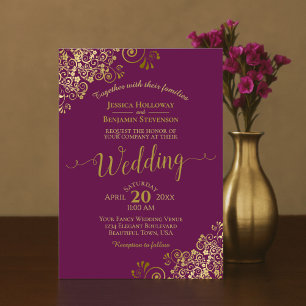 Gold Frills Elegant Cassis Purple Magenta Wedding Invitation