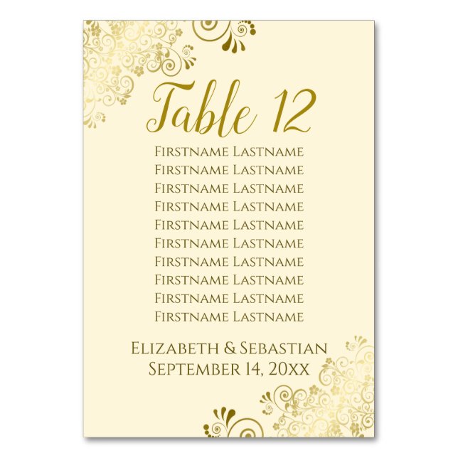 Gold Frills Elegant Cream Wedding Seating Chart Table Number (Front)