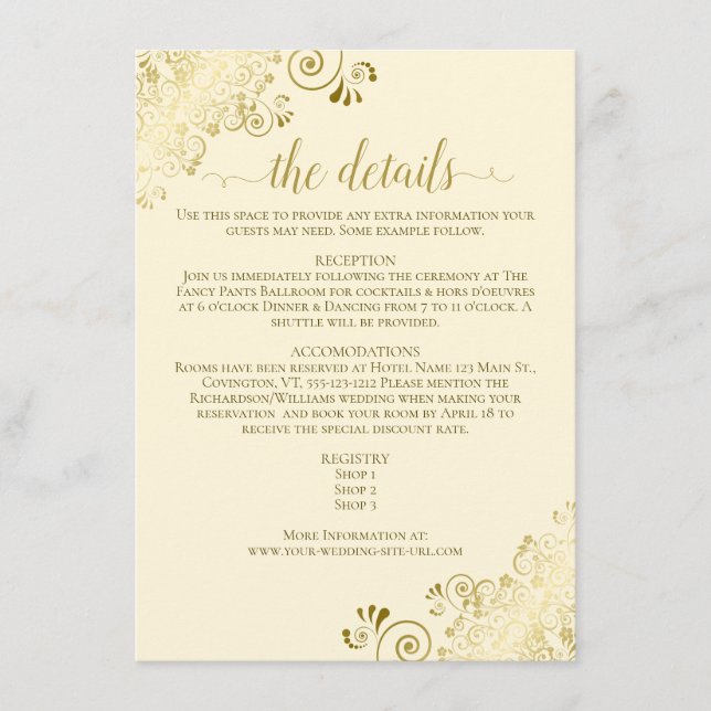 Gold Frills Elegant Gold on Cream Wedding Details Enclosure Card (Front)