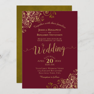 Gold Frills Elegant Maroon Burgundy Wedding Invitation