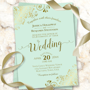Gold Frills Elegant Neo Mint Green Wedding Invitation