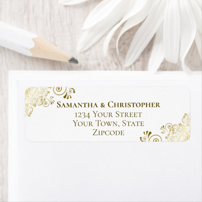 Gold Frills Elegant White Wedding Return Address (Insitu)