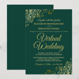 Gold Frills Emerald Green Elegant Virtual Wedding Invitation
