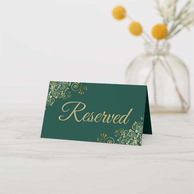 Gold Frills Emerald Green Elegant Wedding Reserved Place Card (Back)