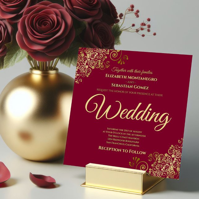Gold Frills Maroon Burgundy Elegant Square Wedding Invitation (Creator Uploaded)