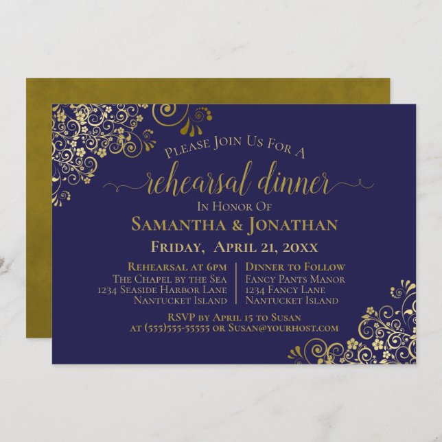 Gold Frills Navy Blue Wedding Rehearsal & Dinner Invitation (Front/Back)