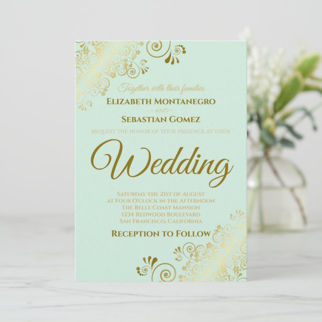 Gold Frills Neo Mint Green Chic Wedding Invitation (Standing Front)