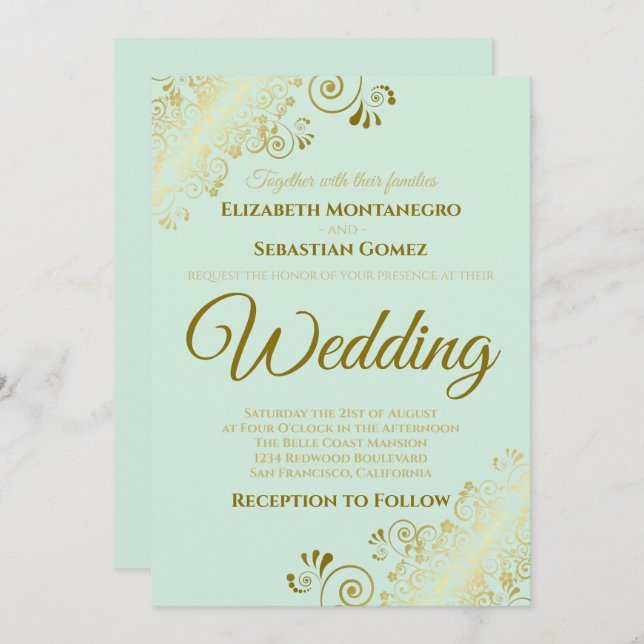 Gold Frills Neo Mint Green Chic Wedding Invitation (Front/Back)