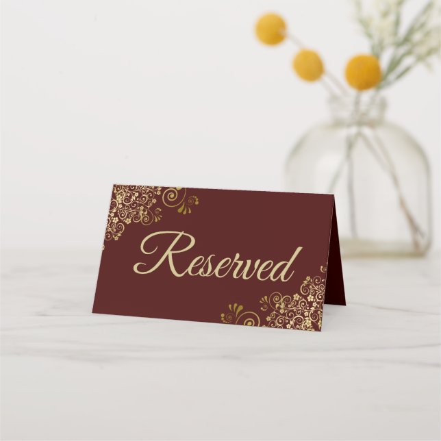 Gold Frills on Auburn Brown Wedding Reserved Place Card (Back)