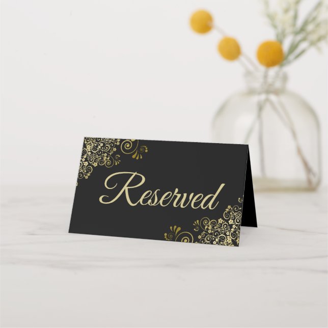 Gold Frills on Black Elegant Wedding Reserved Place Card (Back)
