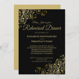 Gold Frills on Black Wedding Rehearsal Dinner Invitation