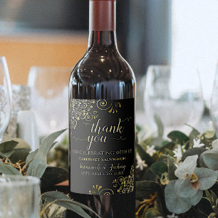 Gold Frills on Black Wedding Thank You Wine Label