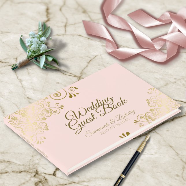 Gold Frills on Blush Pink Elegant Wedding Guest Book (Creator Uploaded)