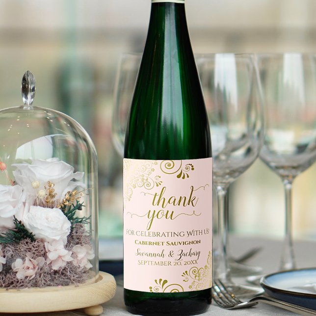 Gold Frills on Blush Pink Wedding Thank You Chic Wine Label (Creator Uploaded)