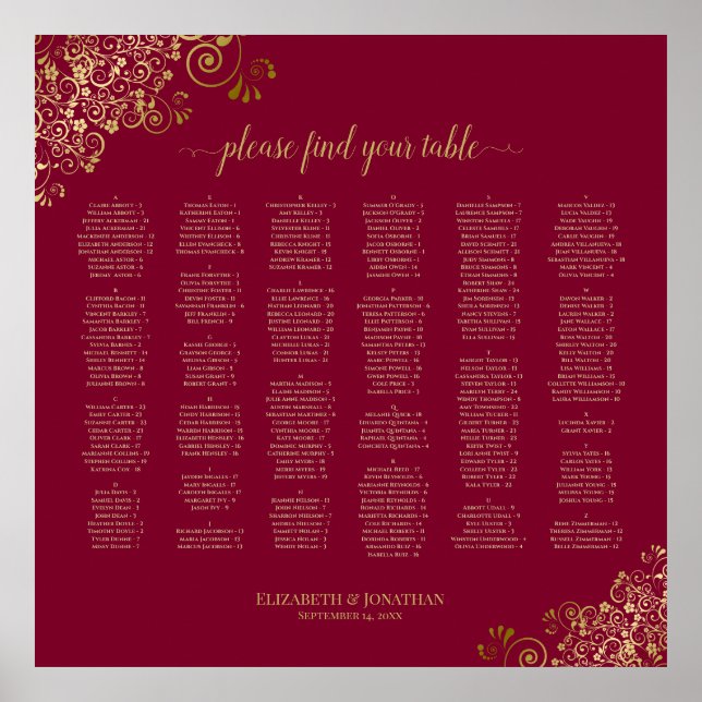 Gold Frills on Burgundy Alphabetical Seating Chart (Front)
